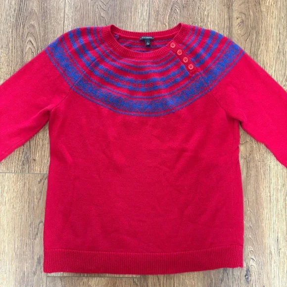 Talbots Lambswool Fair Isle Knit Sweater Womens L Red Blue Crew Neck Buttons - Picture 5 of 11